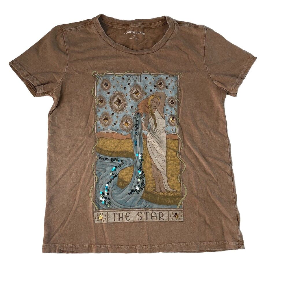 Lucky Brand women’s “the star” tarot card graphic Tee sun faded brown sequin XS